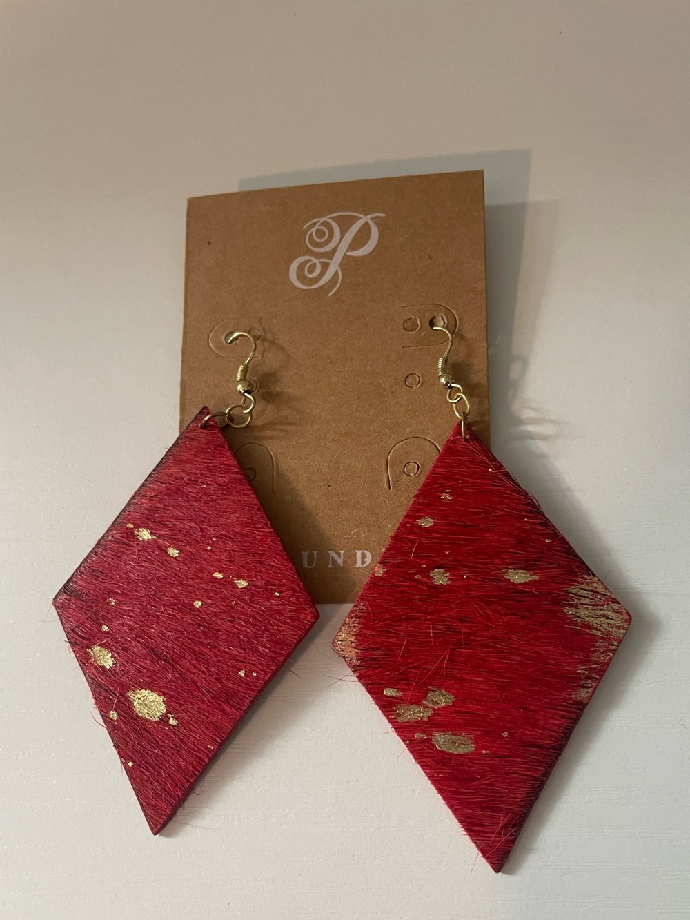 Red & Gold Calf Hair Diamond Drop Earrings